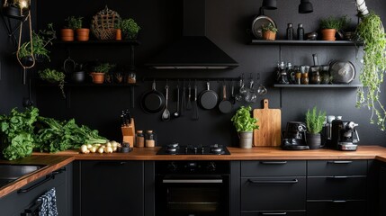 Dark kitchen, plants, shelves, cooking, wood countertop, interior design, home decor, style