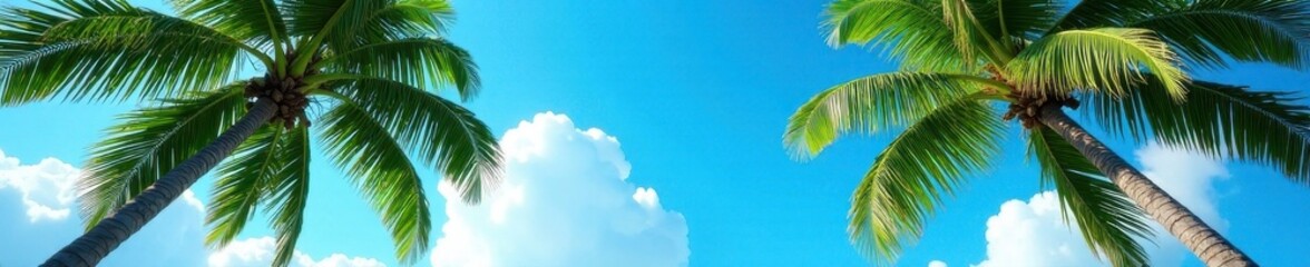 Lush palm trees sway gently under a vibrant blue sky , relaxation, beach