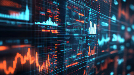 Fototapeta premium A futuristic digital display showing various financial charts and graphs