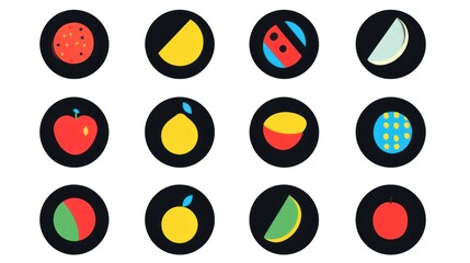 Colorful fruit icons set, flat design, graphic elements