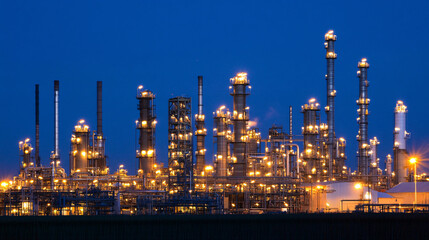 Fototapeta premium A brightly lit industrial facility at night, showcasing numerous towers and equipment against a dark blue sky.