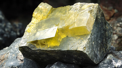 A vibrant yellow crystal embedded in dark rock, showcasing its unique structure and mineral properties.