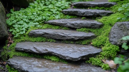 Naklejka premium Stone Path to Tranquility: A stone pathway, gracefully winding its way through a lush, verdant garden, with each step inviting exploration and contemplation.