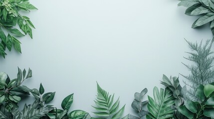 Green leaves frame, pastel background, nature border, flat lay, mockup