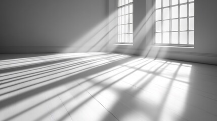 Dramatic light streams through windows illuminating a minimalist room. AI Generated