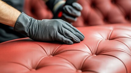 Craftsman restoring red leather sofa upholstery in workshop