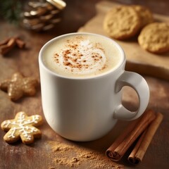 A rich and flavorful pumpkin spice latte with a frothy top and a sprinkle of cinnamon, served in a white mug, Pumpkin spice latte centered