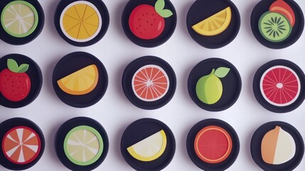Flat lay of fruit slices, colorful design,  on a white background, food photography