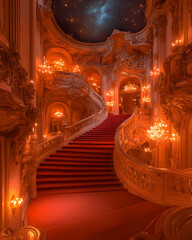 Obraz premium A breathtaking view of an ornate staircase, bathed in soft light with luxurious red carpet