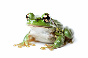 Obraz premium A captivating close-up portrait of a green tree frog against white backdrop