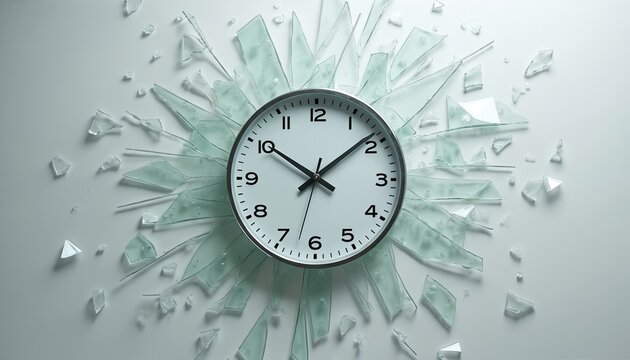Minimalist photo of shattered clock. Glass splinters surround clock face with stopped hands. Symbolizes time running out or deadline missing. Abstract broken timepiece on white background.