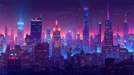 Fototapeta premium Neon Cityscape Night Skyline, Starry, Futuristic, Illustration, Background