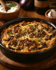A Delicious Homemade Moussaka Dish Ready to be Served on a Wooden Table