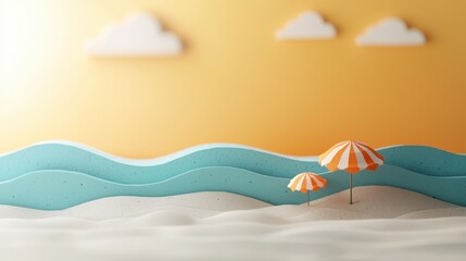 Colorful Beach Scene with Parasol and Waves Under a Warm Sunset with Gentle Clouds and Soft Sand Texture