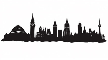 Obraz premium A stylized silhouette of a city skyline featuring iconic buildings and landmarks, presented in black against a white background.