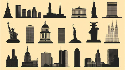 Obraz premium A collection of iconic city skylines and landmarks depicted in silhouette form on a light background.