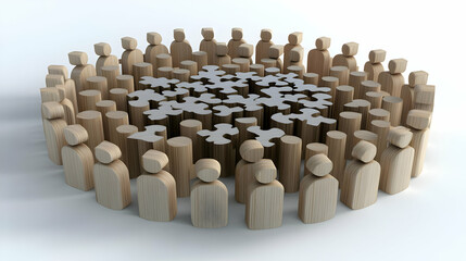 Obraz premium 3D Illustration Teamwork Wooden Figures Puzzle Pieces Circle Concept