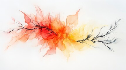 Vibrant Abstract Floral Composition with Warm Tones Featuring Blurred Leaves and Delicate Branches Against a Soft Background