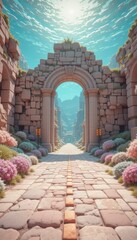 Serene Pathway Through Ancient Ruins A Stone Archway Leads to a Dreamlike Landscape