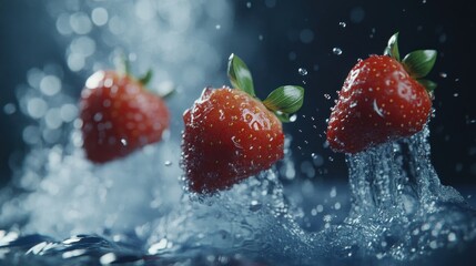 Three Strawberries Splashing in Water, Dark Background, Food Photography
