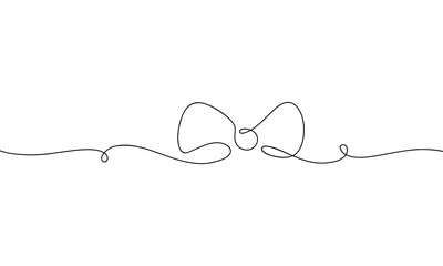 The bow is hand-drawn in one continuous line on a white background, vector black and white illustration. Graphic element for banner, holiday, gift, decoration, design, postcard