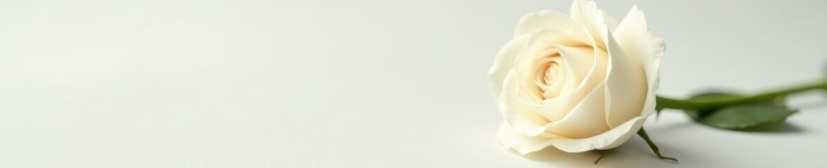 Single white rose, pristine, pale backdrop, subtle shadow, light, shadow