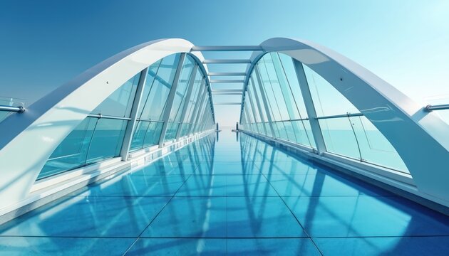 Futuristic modern glass bridge with blue glass walkway. Transparent design with geometric shapes, curves. Clean bright aesthetic, steel railing, elevated pathway, perspective view. Urban travel - Powered by Adobe