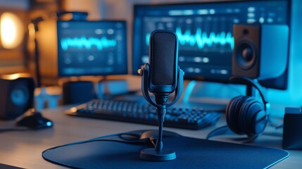 Professional audio setup with microphone and equipment.