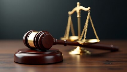 Wooden Gavel and Golden Justice Scale on Table – Symbol of Law and Legal Proceedings