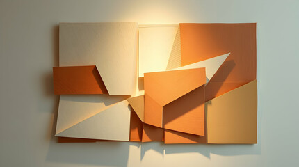 Geometric wall art with layered shapes in warm tones, creating a dimensional and modern aesthetic with light and shadow interplay.