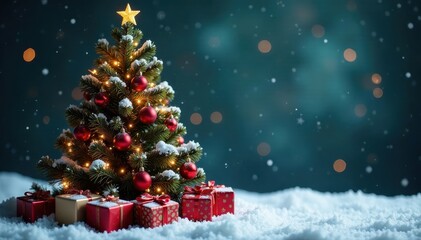 Obraz premium Snow-dusted Christmas tree, lavish ornaments, gifts beneath , winter, peaceful, outdoors