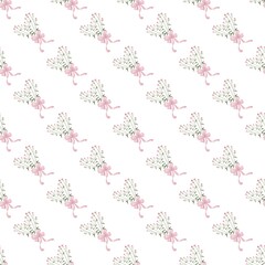 Seamless floral pattern with  a bouquet of pink roses, heart on a white background. Ideal for delicate look, wedding, birthday, summer dress, children party,  bed linen, gifts, handmade project.