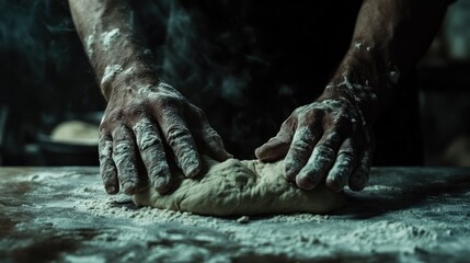 Baker's hands kneading dough, floury kitchen, dark background, food blog