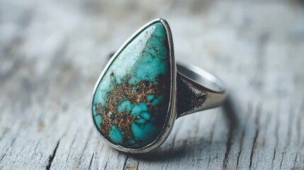 Elegant Turquoise Stone Ring on Rustic Wooden Surface Close-Up