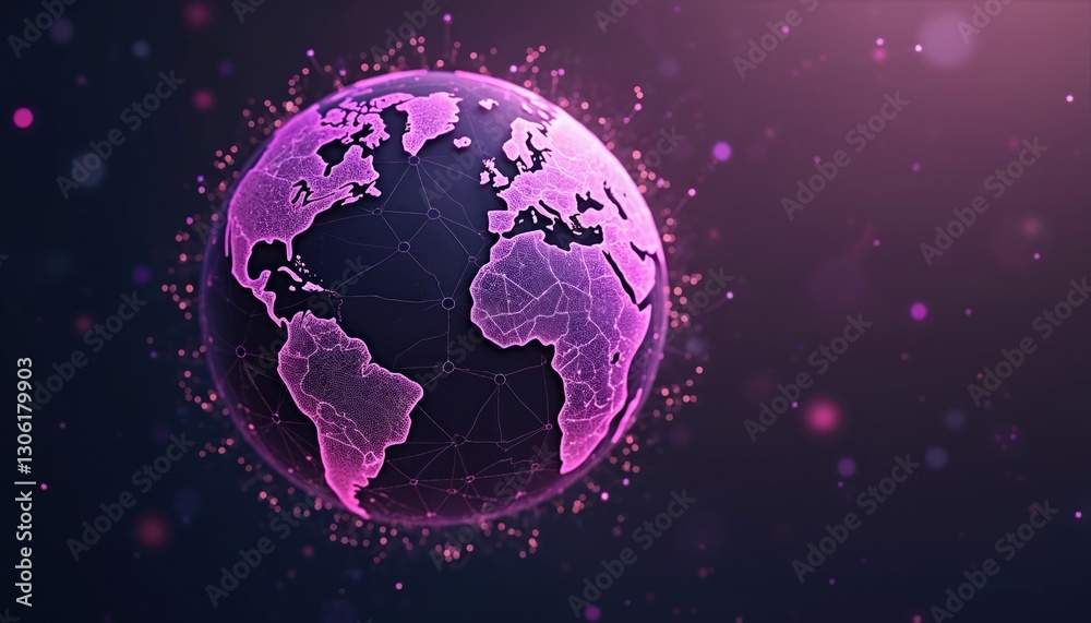 Poster Connected world via purple globe. Wireframe planet from space. New internet concept connects people. Global info share tech. Futuristic web communication, innovation platform, three-dimensional