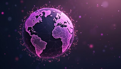 Fototapeta premium Connected world via purple globe. Wireframe planet from space. New internet concept connects people. Global info share tech. Futuristic web communication, innovation platform, three-dimensional