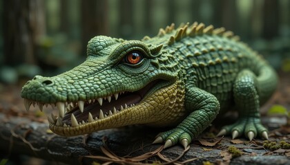 Obraz premium Detailed Green Crocodile Figurine Posing in Forest Setting High Quality Reptile Model