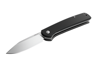 Close up of a black folding pocket knife with a silver blade.