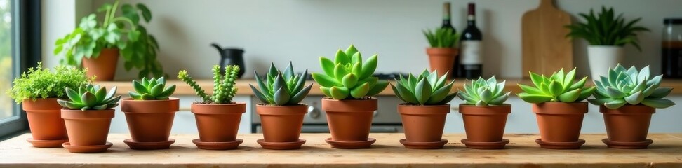 Fototapeta premium Succulent collection neatly arranged on kitchen countertop, desert plants, home decor