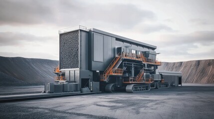 Mobile crusher processing ore in quarry, industrial background