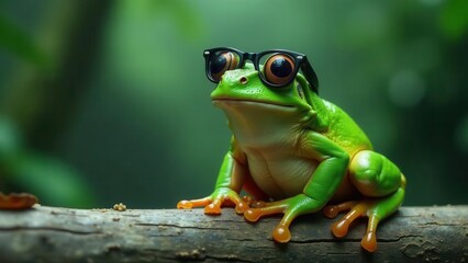 Naklejka premium A green amphibian wearing spectacles perched on a weathered log in a lush, verdant environment