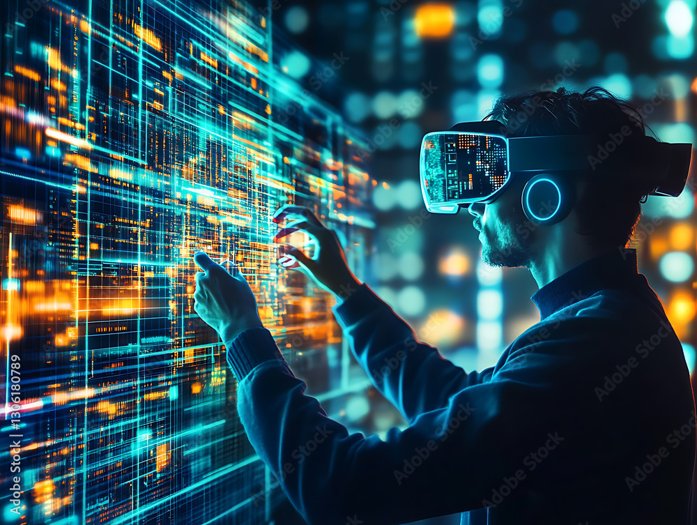 Poster virtual reality interaction user engaging with data visualizations in a futuristic cityscape environ