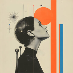 Abstract portrait of woman with retro futuristic geometric design elements