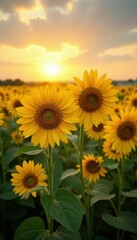 Obraz premium Sunflowers in vast field, golden heads east, dawn light , sunny, outdoor, endless