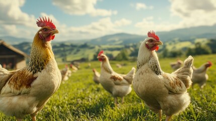 Free-range chickens graze idyllic mountain pasture