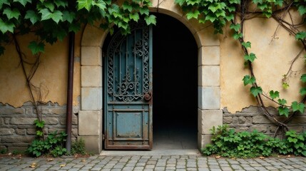 A weathered, ornate iron gate, slightly ajar, reveals a shadowed passageway beyond, nestled within a vine-covered stone archway.