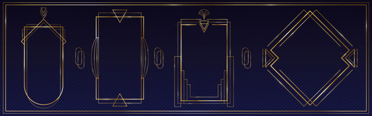 Great Gatsby art deco style frame set with golden outlines. Elegant geometric borders of different ornamental shapes. Luxury vintage metallic elements for wedding invitations or premium packaging.