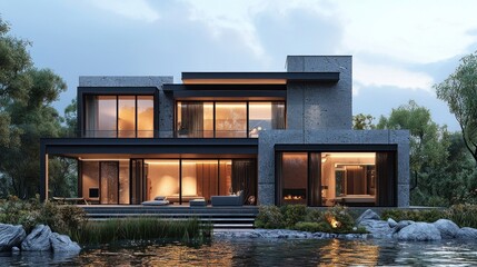 Fototapeta premium A modern architectural home sits lakeside with evening lighting
