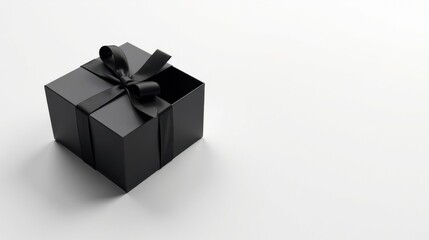 A single, elegant black gift box with a satin ribbon, slightly ajar, rests on a minimalist white background, symbolizing anticipation and the mystery of an unopened present.