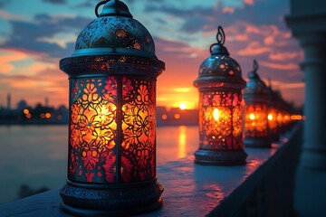 Fototapeta premium Colorful Ornate Lanterns Glowing Against a Vibrant Sunset by the Waterfront
